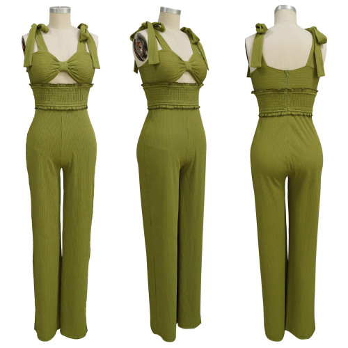 Temperament Open Back Waist Cut out Strap Casual Straight Jumpsuit