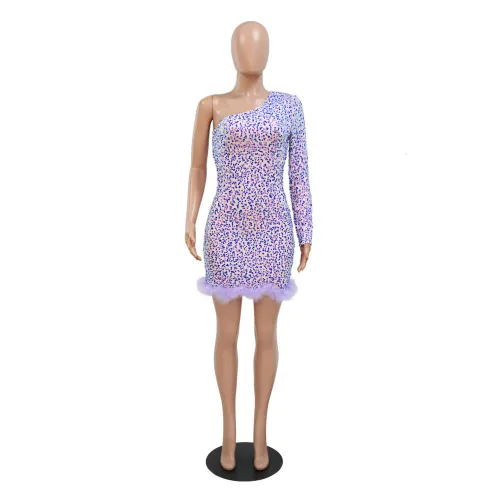 Fashionable sexy wrap hip A-line sequin dress one shoulder long sleeve dress