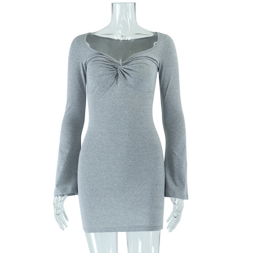Street Trendy Solid Flare Sleeve Square Neck Wrap Hip Pullover Dress
