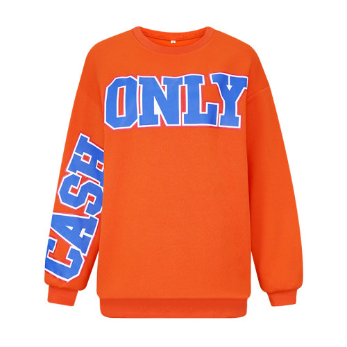 Fashion printed big letter casual loose round neck long sleeve sweater