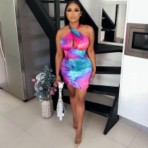 Fashion printed neck wrap sexy sleeveless hip wrap dress