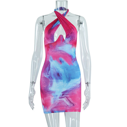 Fashion printed neck wrap sexy sleeveless hip wrap dress