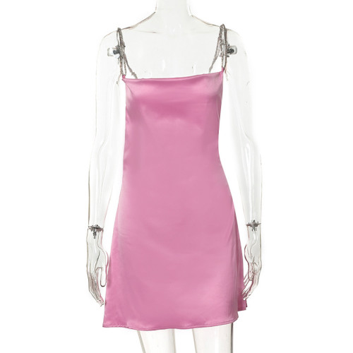 Clean color satin sleeveless large backless suspender hip wrap dress