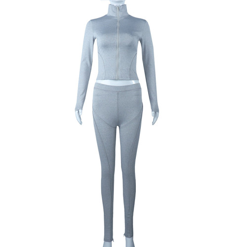 Solid zipper stand collar long sleeve casual coat fitness yoga suit pants suit