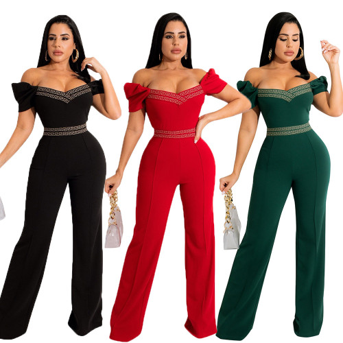 Straight neck strapless bubble sleeve open line decorative jumpsuit