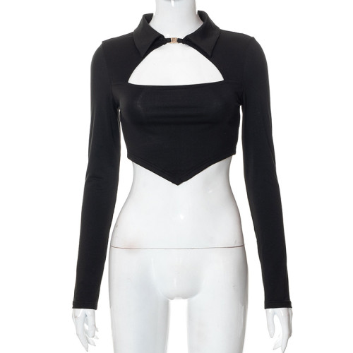 Long sleeve hollow wrap chest sharp corner short hot girl fashion T-shirt