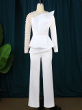Mesh spliced beaded jumpsuit with a slim waist