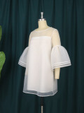 Women's Sweet Mesh Dress Pure White Perspective Flare Sleeve Skirt