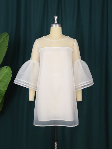 Women's Sweet Mesh Dress Pure White Perspective Flare Sleeve Skirt