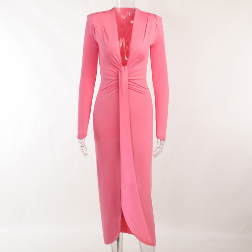Knitted V-neck Pleated Shoulder Pad Split Long Dress Sexy Commuter Dress