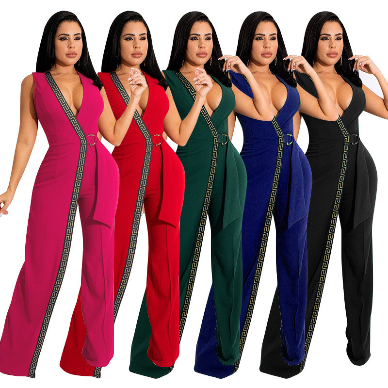 Deep v slim fitting jumpsuit simple fashion trousers with belt