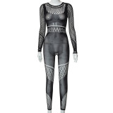 Fashion perspective hollow sexy long sleeve mesh one-piece trousers
