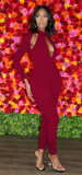 Solid color long sleeve invisible zipper sexy hollow hip jumpsuit