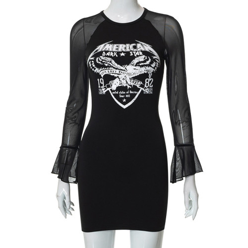 Mesh panel personalized printing bag hip dress