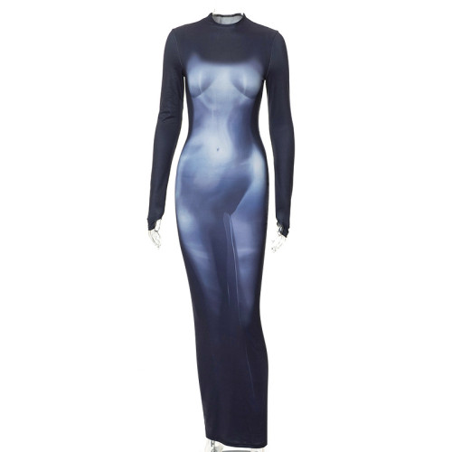 Fashion street round neck long sleeve personalized print dress
