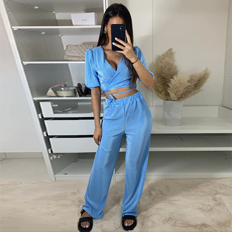 Temperament pit V-neck short shirt high waist straight trousers casual suit