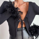 Knitted strap V-neck cardigan with exposed navel long sleeve T-shirt Women's sexy slim top