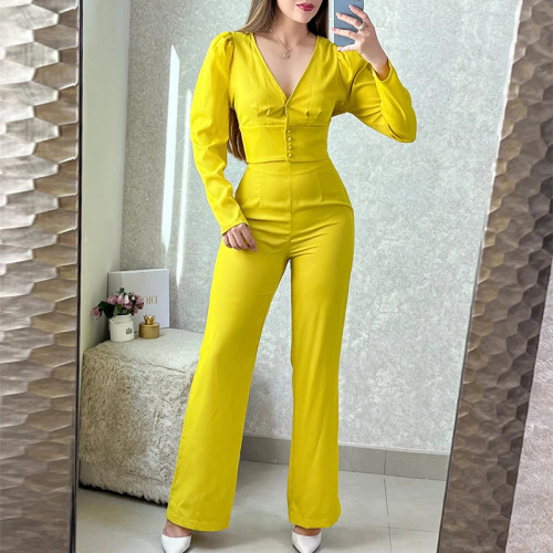 Temperament V-neck long sleeve shirt high waist slim straight trousers two-piece set