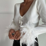 Knitted strap V-neck cardigan with exposed navel long sleeve T-shirt Women's sexy slim top