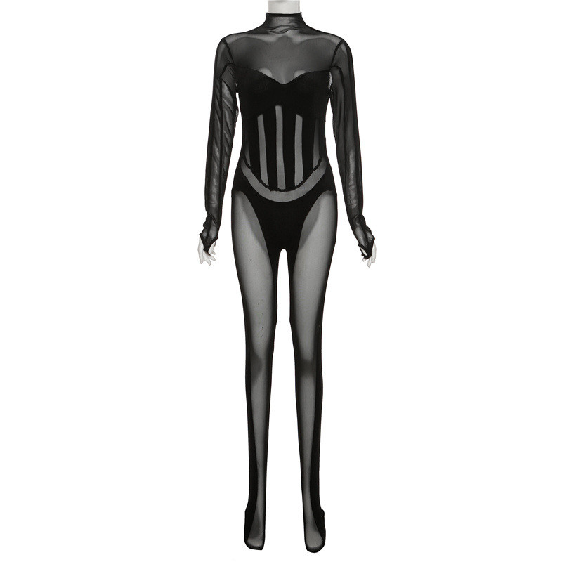 Sexy mesh perspective color contrast splicing tight long sleeve one-piece pants