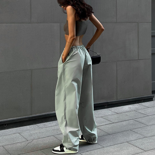 Drawstring waist casual straight trousers Fashion trend Women's simple loose overalls