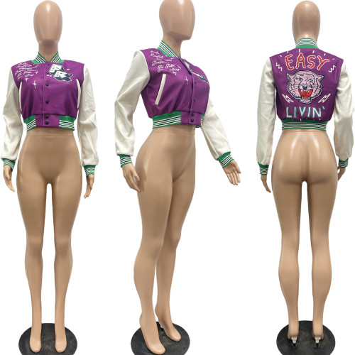 Autumn and Winter Long Sleeve Casual Sports Print Threaded Splice Single breasted Bomber Shirt