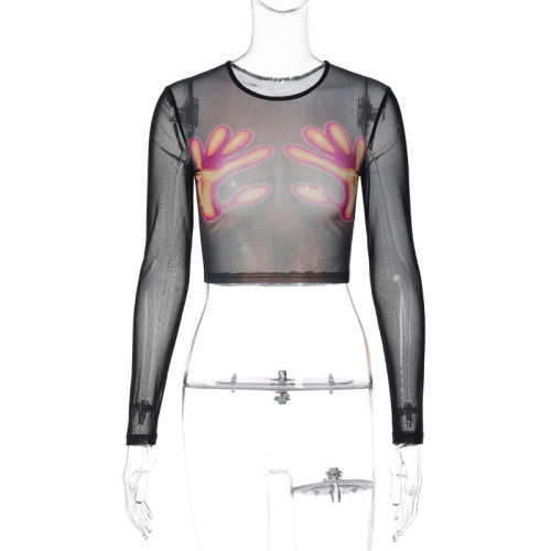 Fashion printed slim round neck long sleeve perspective mesh T-shirt top