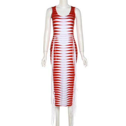 Sexy Sleeveless Print Fringe High Waist Slim Long Dress