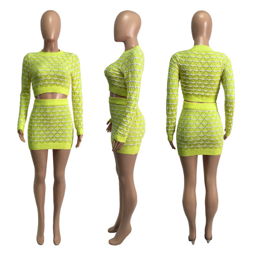 Autumn and winter fashion round neck wool woven long sleeve slim skirt temperament suit