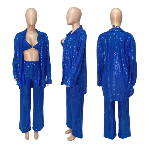 Sequin shirt straight trousers party three piece set