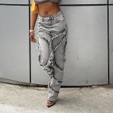 Trendy three-dimensional wool fringed fashion hip pants Spice Girls' high waist straight casual jeans