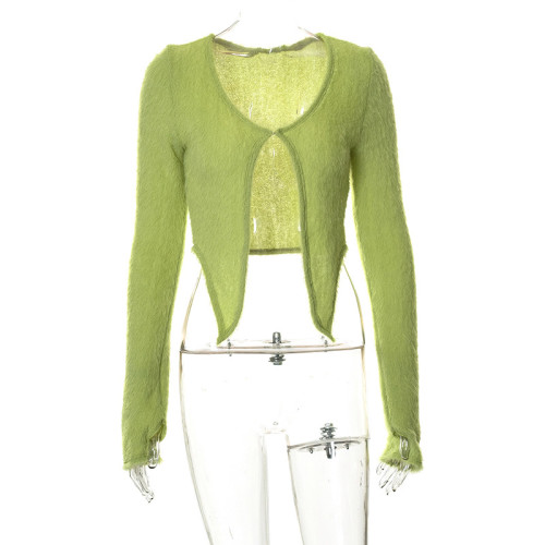 Solid casual open navel long sleeve cardigan slim wool T-shirt top