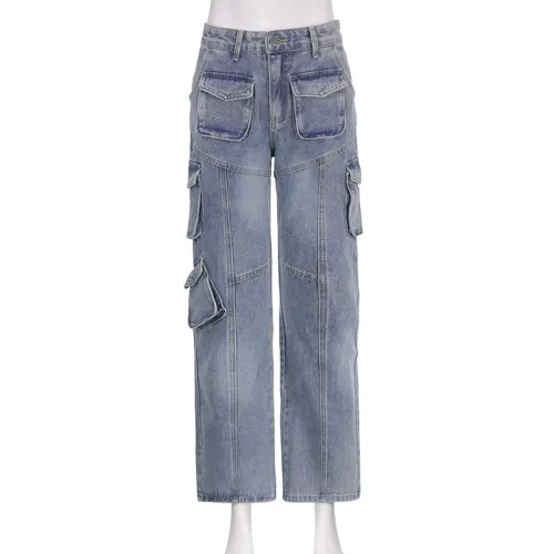 Workwear style multi pocket design straight jeans, low waist, worn out and slim casual pants