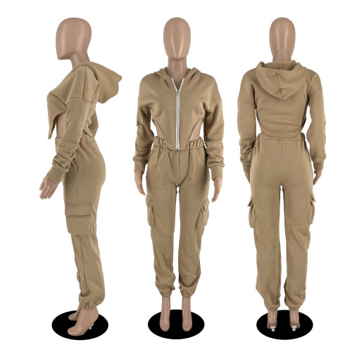 Women's autumn and winter irregular solid color zipper sweater pocket pants set