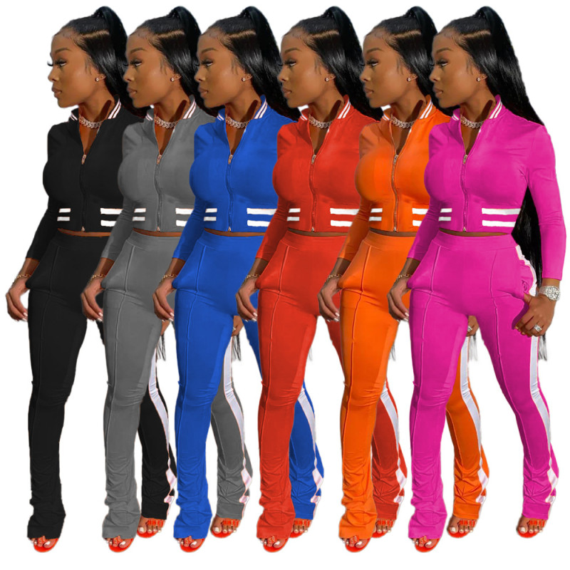 Women's solid color threaded collar sports casual two-piece suit