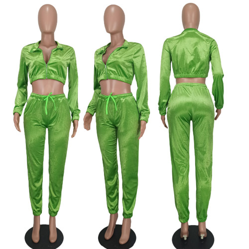 Fashion open waist dense velvet loose wide leg two-piece set
