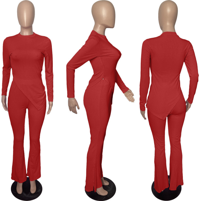 Fashion women's suit Split flare pants Irregular top Solid two-piece set