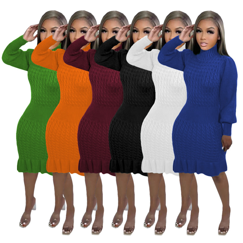Women's solid color high collar ruffle hand knitted dress