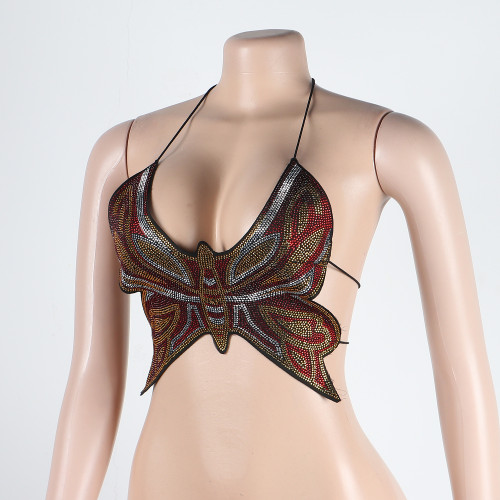 Slim fitting hot drill solid color butterfly strap top