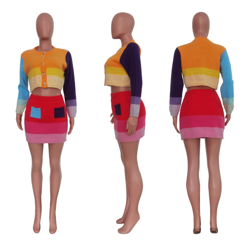 Casual hand knitted color contrast skirt suit