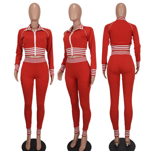 Fashion casual open waist threaded stand collar sports two-piece set