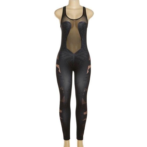 Sexy thin gauze perspective splicing tight sleeveless trousers jumpsuit