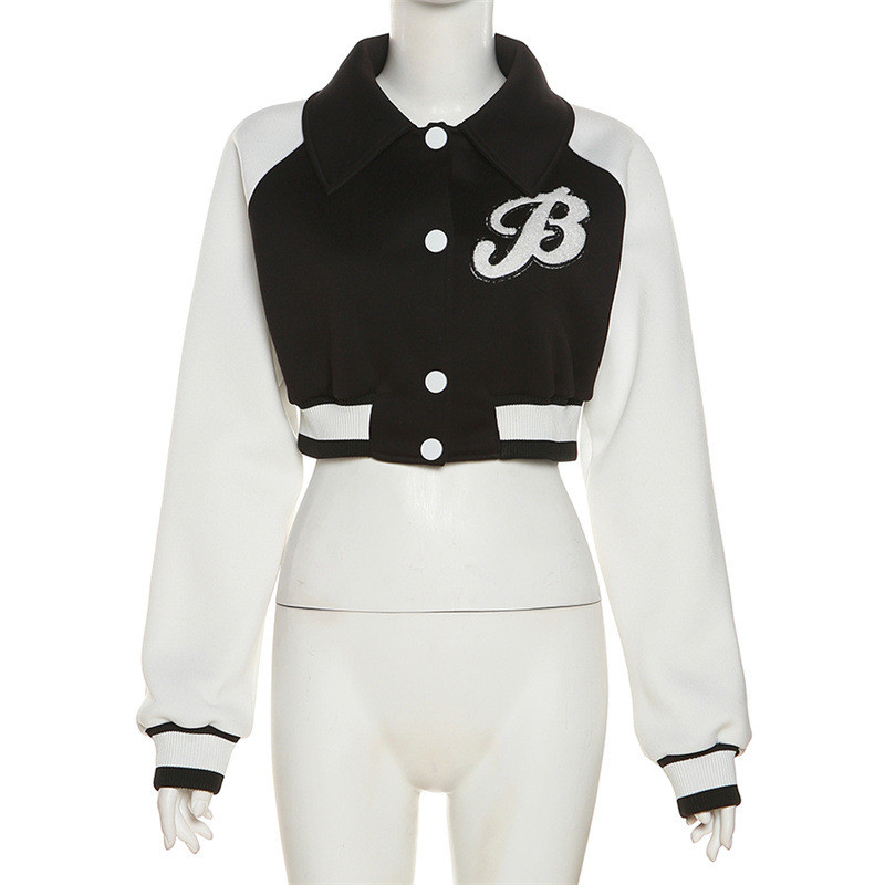 Sexy letter embroidery open button round neck short baseball jacket jacket