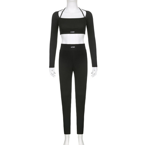 Letter Embroidery Color Contrast Basic Yoga Fitness Comfortable Casual Set