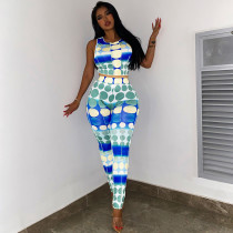 Women's polka dot printed sleeveless vest high waist leggings casual suit two-piece set