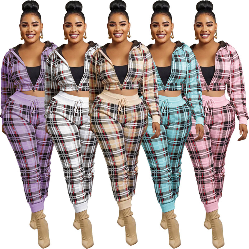 Plaid zipper fashion casual sports two-piece set  HM6627