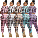 Plaid zipper fashion casual sports two-piece set  HM6627