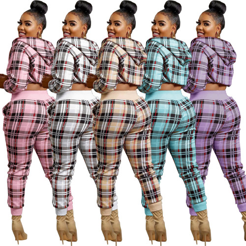 Plaid zipper fashion casual sports two-piece set  HM6627