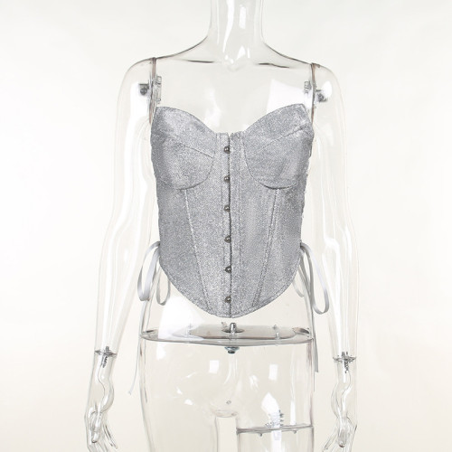 Shiny Side Strap Bra Tunic Top Autumn New Sexy Slim Tank Top