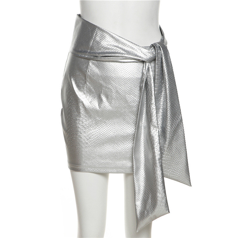 Silver fashion PU imitation leather snake print high waist lace up skirt